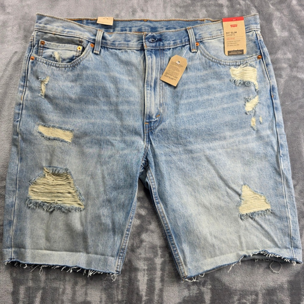 NEW Levi's 511 Slim Shorts Mens 42 Light Blue Distressed Ripped Denim‎ Cutoff